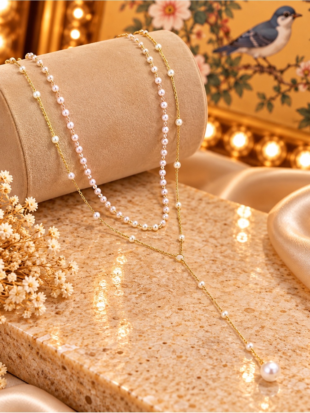 Layered Pearl Lariat Necklace Dainty Y Drop Statement Jewelry